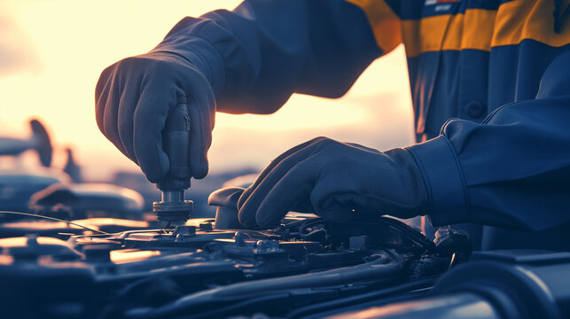 Auto mechanic checking the oil level in a car engine at sunset.