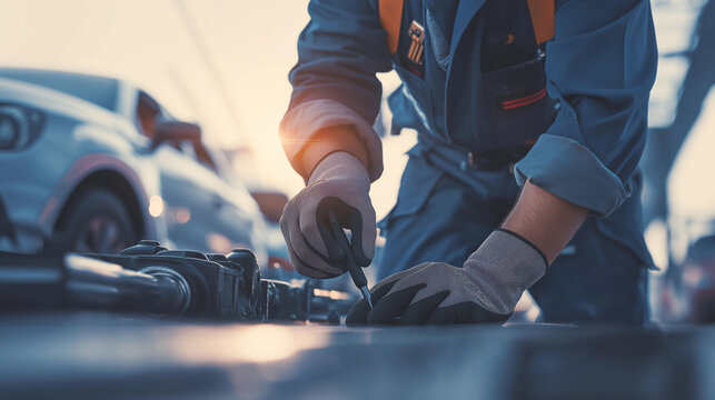A mechanic diligently repairs a car engine, showcasing the skilled work needed to maintain various machines, from vehicles to construction equipment