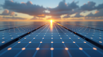 Large arrays of photovoltaic panels capture sunlight to generate clean electricity for homes and businesses - obrazy, fototapety, plakaty