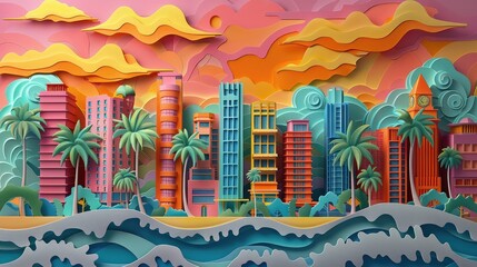 three-dimensional  of Miami beach, puffy clouds, waves, palm trees, combines the beauty with the creativity of paper cutouts © jamrut