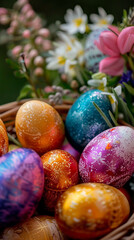 Fototapeta na wymiar Colorful easter eggs in a basket on a green grass background