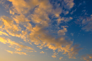 Enjoy a panoramic view of the skyline. The sun rises in the morning sky with colorful clouds. and beautiful cloud patterns In the soft light of the morning	