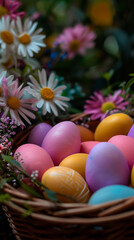 Fototapeta na wymiar Colorful easter eggs in a basket with daisies.