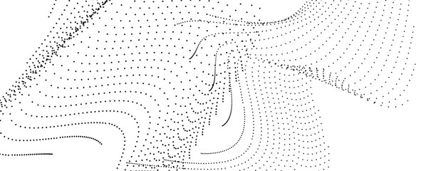 Abstract halftone flowing wavy dots shape isolated on transparent background. Flowing dot particles wave pattern halftone black smooth curve shape isolated on transparent background. vector illustrati