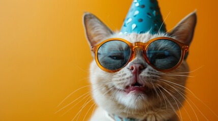 White cat wearing a blue polka dot party hat and orange sunglasses on a yellow background