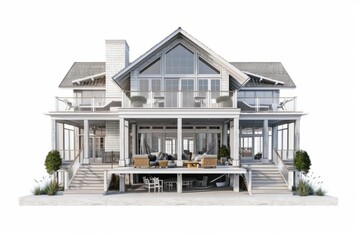 Coastal chic beach house with a casual yet sophisticated design, incorporating nautical elements and seaside-inspired decor, on isolated white background, Generative AI