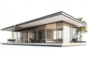 Coastal contemporary villa with floor-to-ceiling sliding glass doors that open onto a spacious terrace, blurring the lines between indoor and outdoor living, on isolated white background, Generative A