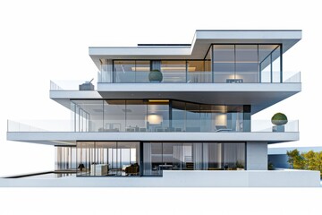 Contemporary beachfront mansion with a sleek exterior and spacious interior, offering unobstructed views of the sea from every room, on isolated white background, Generative AI