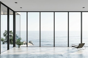 Expansive floor-to-ceiling windows in a luxury beach house overlooking the sea, on isolated white background, Generative AI