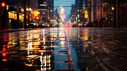 Rainy city street at night, bokeh lights background