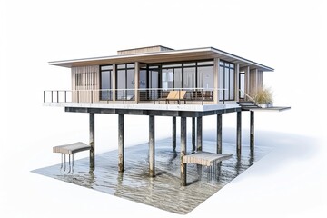 Modern beach house perched on stilts above the shoreline, providing stunning views and protection from rising tides, on isolated white background, Generative AI