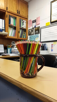 a photo of a mug full of colored pencils on a student's desk and positioned to the right