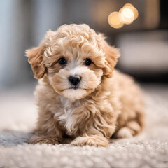 Cachorrito maltipoo tierno y adorable con iluminación en interior