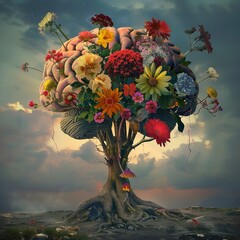 A tree with flowers representing the human brain signifies concepts of self-care, mental health, positive thinking, and creativity.