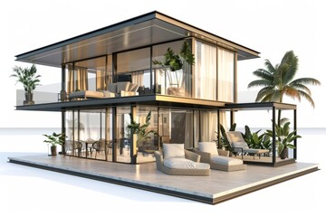 Stylish beach house with a spacious terrace and outdoor lounge area, perfect for enjoying the sunset over the ocean, on isolated white background, Generative AI