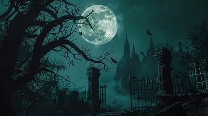 At night, a graveyard shifts into a castle amidst spooky darkness, with a full moon and bats on a dead tree. Depicts a Halloween banner with high-definition and intricate detail.