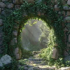 Spectacular fantasy scene with a portal archway covered in creepers. In the fantasy world, an...