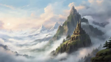Fotobehang The majestic, towering peaks shrouded in mist veil mysteries © QFactDesign