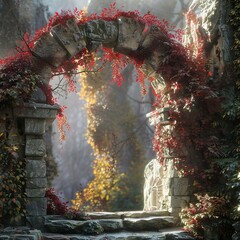 Spectacular fantasy scene with a portal archway covered in creepers. In the fantasy world, an ancient magical stone gate shows another dimension. Digital art 3D illustration
