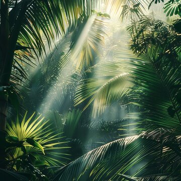A photograph capturing sunlight filtering through vibrant palm tree foliage, evoking a summer beach ambiance.