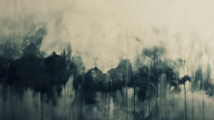 Subdued watercolor washes forming an abstract landscape on a workspace wall
