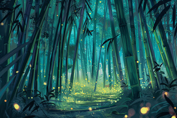 A bamboo forest in summer. Cicadas buzz, and the air is thick with humidity.