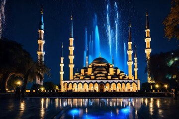 Fototapeta na wymiar blue mosque at night city generated by AI