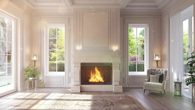 interior with fireplace.  3d render. seamless looping overlay 4k virtual video animation background