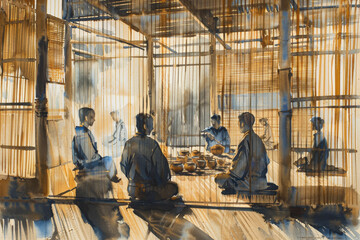 A bamboo screen in a traditional teahouse. The aroma of freshly brewed tea fills the air. - obrazy, fototapety, plakaty