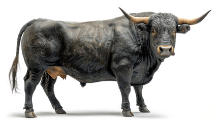Full side view of a black bull with large horns isolated on white background. - obrazy, fototapety, plakaty