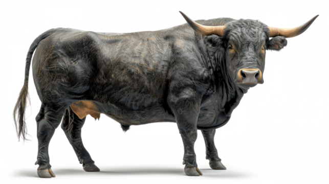 Full side view of a black bull with large horns isolated on white background.
