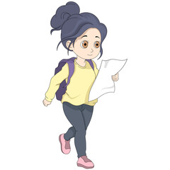cartoon doodle illustration of people activities, young girl job seeker is walking while reading a job vacancy brochure