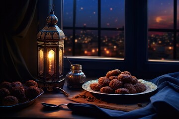 Fototapeta premium Lantern that have moon symbol on top and small plate of dates fruit with night sky and city bokeh light background for the Muslim feast of the holy month of Ramadan Kareem.