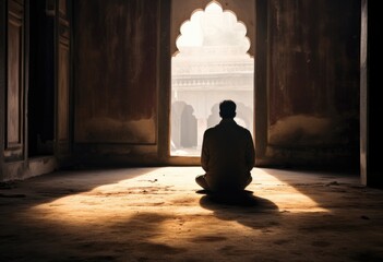 Islamic religion banner template. A Muslim man is facing the sunset and praying namaz or salah