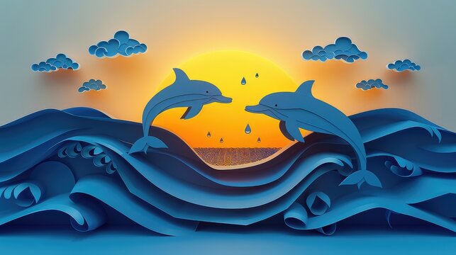 3D paper of dolphins jump out of the ocean in front of a sunset, framed by waves on the sides of the image, with drops of water, multiple layers of paper