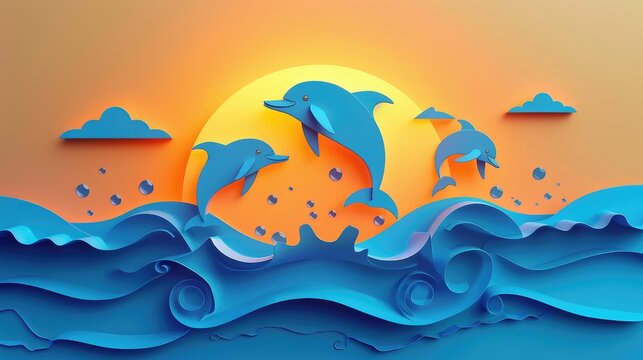 3D paper of dolphins jump out of the ocean in front of a sunset, framed by waves on the sides of the image, with drops of water, multiple layers of paper