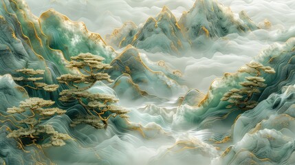 Chinese landscape painting, mountains, bright trees clouds