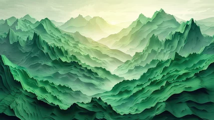 Papier Peint photo Matin avec brouillard Green mountain range with paper cut art, 3d mood lighting
