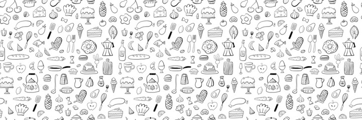 Food and drink outline seamless pattern. Hand drawn kitchen background in black and white. Vector illustration