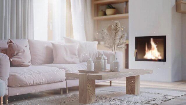 stylish living room interior with pastel white sofa. seamless looping overlay 4k virtual video animation background