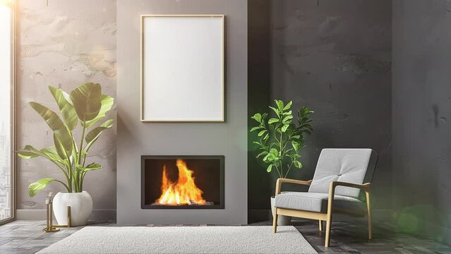 poster and plant on white board with fireplace in cozy modern room. seamless looping overlay 4k virtual video animation background