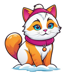 a cartoon cat sitting in the snow wearing a scarf, vector art, furry art, on a transparent background, game icon stylized, the cutest kitten ever