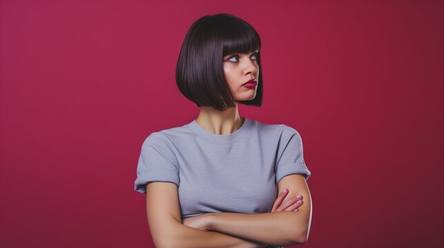 A perplexed lady with a bob haircut, arms crossed, staring off into space, in a grey shirt and jeans, on a ruby backdrop.