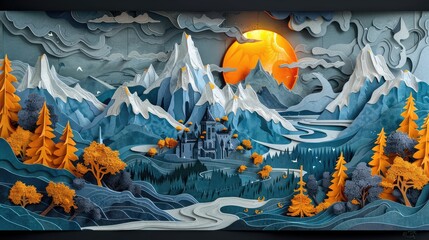 an artistic papercut of a mountain, trees and city, in the style of enchanting realms, dark orange and azure