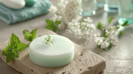 Fototapeta na wymiar Spa product: a round handmade herbal soap on the table, mint color soap, high-angle view, natural lighting, spa room environment, spa concept. Skin product mockup scene. Cosmetic product