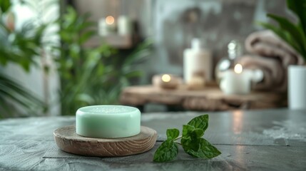 Spa product: a round handmade herbal soap on the table, mint color soap, high-angle view, natural lighting, spa room environment, spa concept. Skin product mockup scene. Cosmetic product