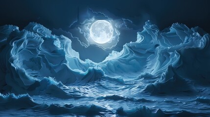 3D wall in the style of cracked, inside a Tropical beach fluorescent waves moonlight, layered paper art