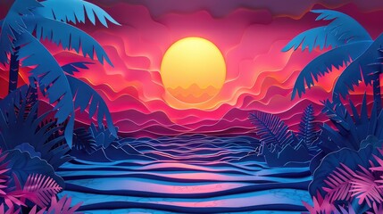 Fototapeta na wymiar colorful beach at sunset 3d paper art layered paper