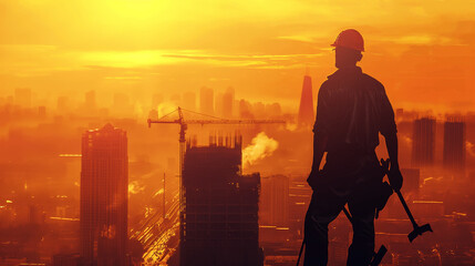 Fototapeta premium Silhouette of a construction worker at sunset with a vibrant orange sky backdrop in an urban setting. 