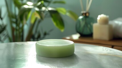 Fototapeta na wymiar Spa product: a round handmade herbal soap on the table, mint color soap, high-angle view, natural lighting, spa room environment, spa concept. Skin product mockup scene. Cosmetic product